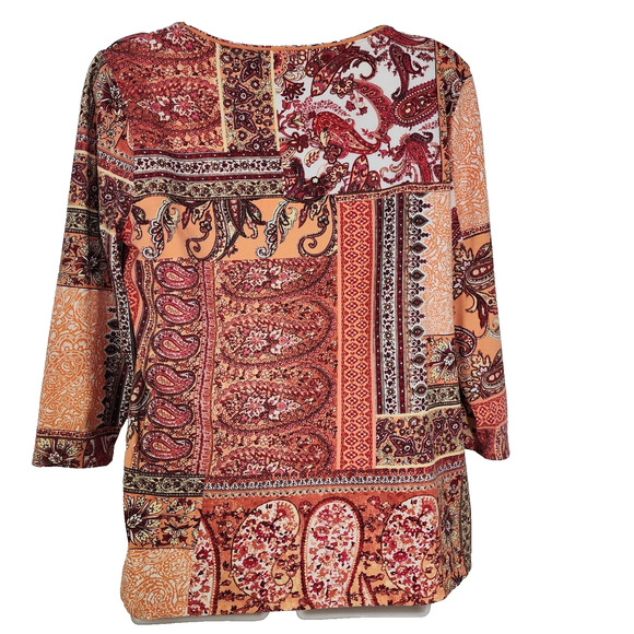 Chicos Top Womens Size 0 Small Paisley Floral V Neck Stretchy Peach Maze Boho - Picture 2 of 8